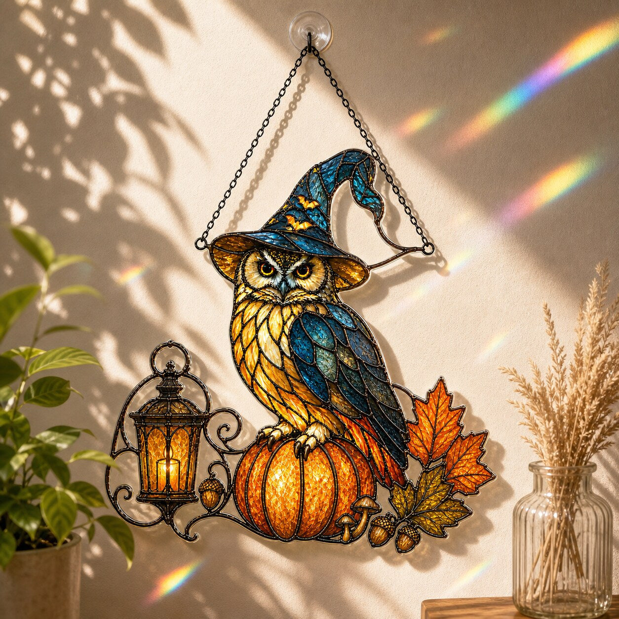 Witch Hat Owl on Pumpkin suncatcher catching afternoon light in a home window