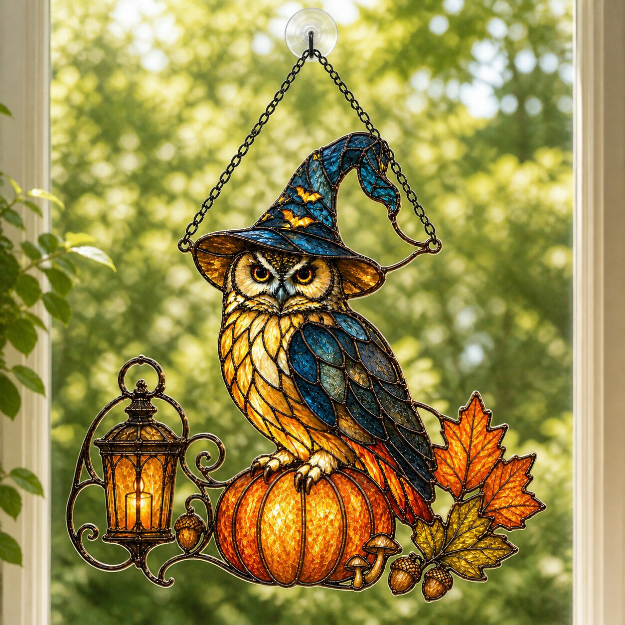 Witch Hat Owl on Pumpkin acrylic suncatcher hanging in a window with seasonal decor