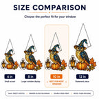 Size comparison chart for the Witch Hat Owl on Pumpkin suncatcher: 6, 8, 10 and 12 inch options
