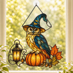 Witch Hat Owl on Pumpkin holographic suncatcher with sunlight passing through the acrylic