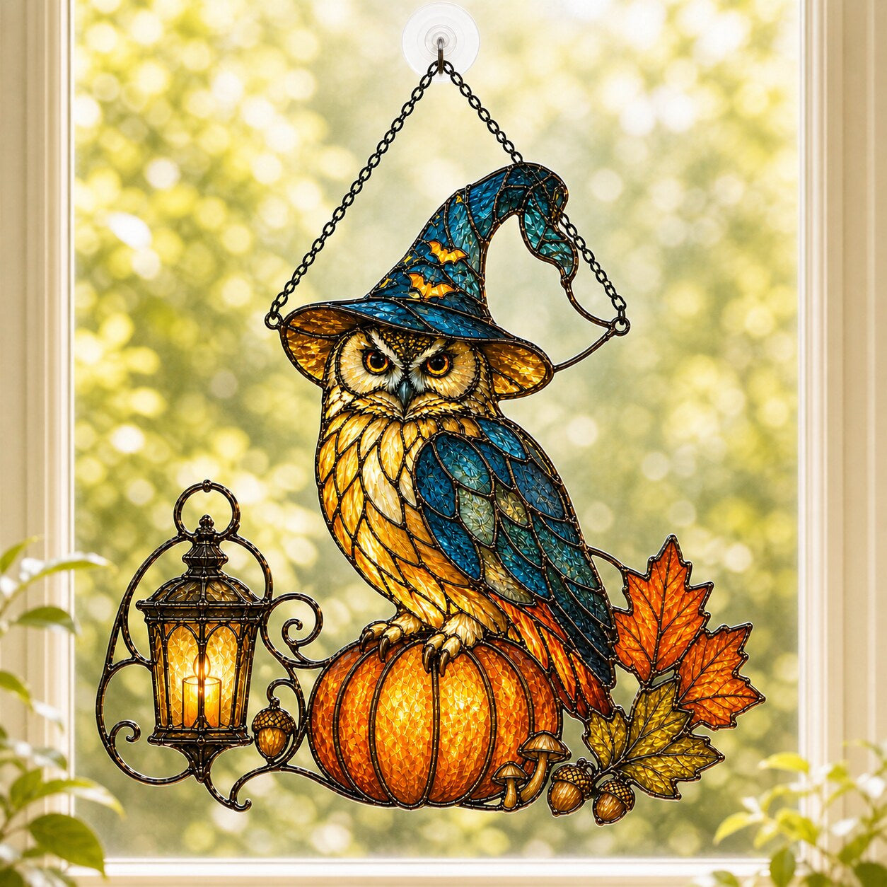 Witch Hat Owl on Pumpkin holographic suncatcher with sunlight passing through the acrylic