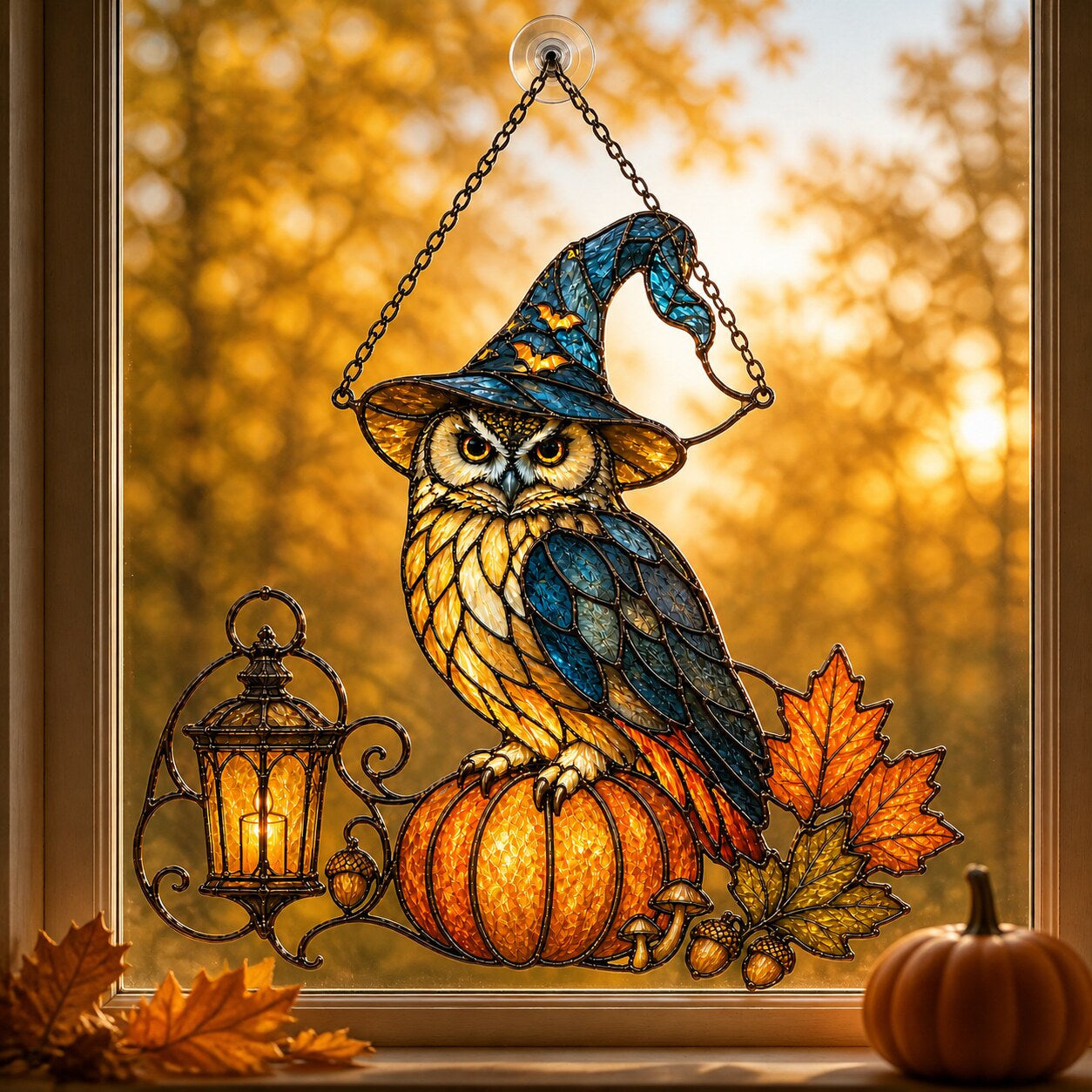 Witch Hat Owl on Pumpkin holographic acrylic suncatcher styled in a cozy room