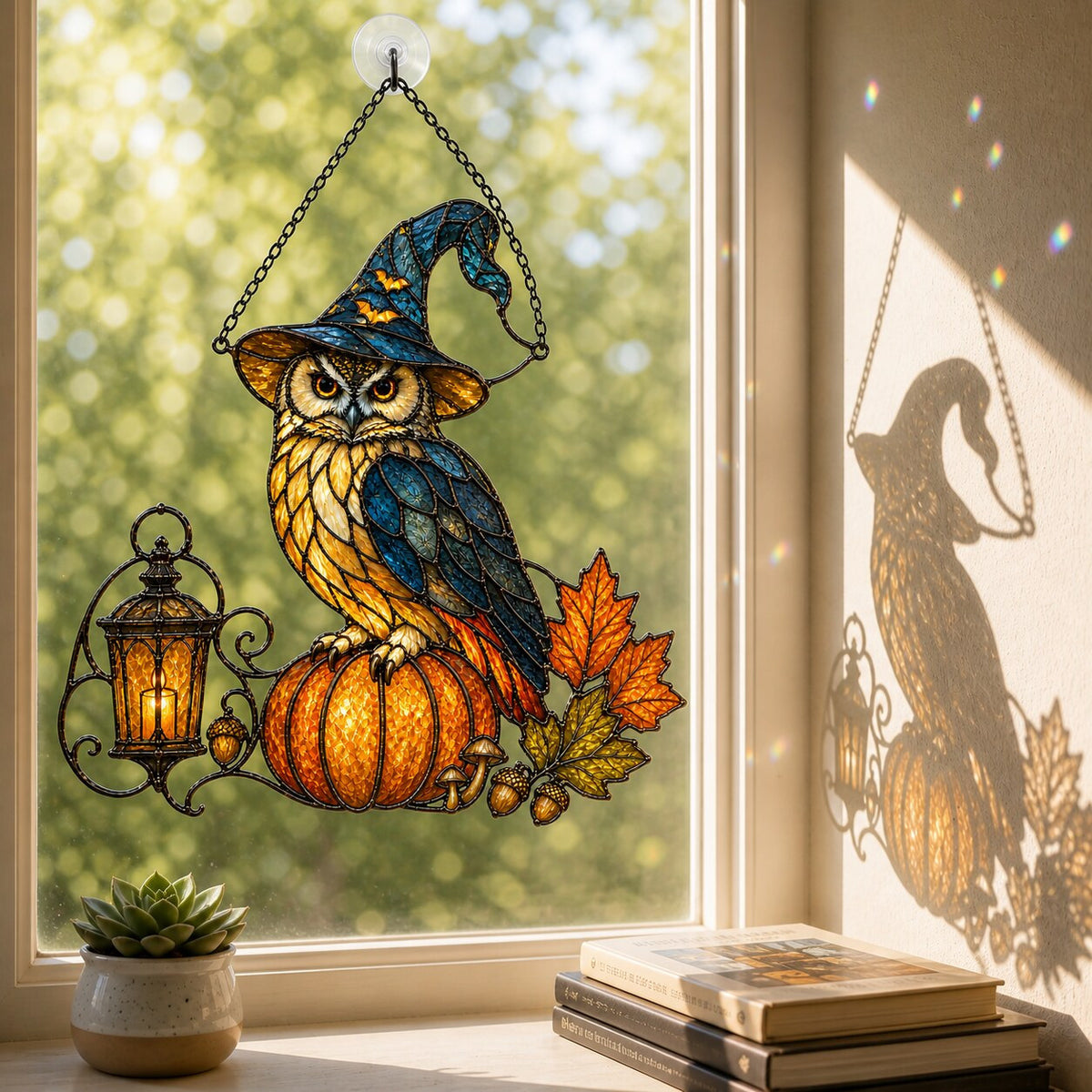 Witch Hat Owl on Pumpkin acrylic suncatcher in a warm, softly lit interior