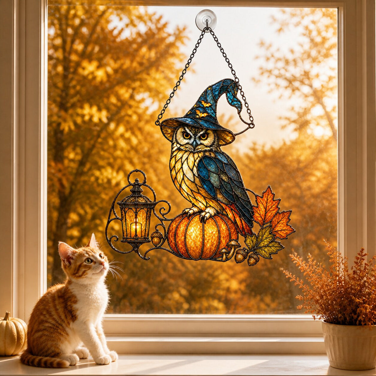 Witch Hat Owl on Pumpkin suncatcher displayed in a home window