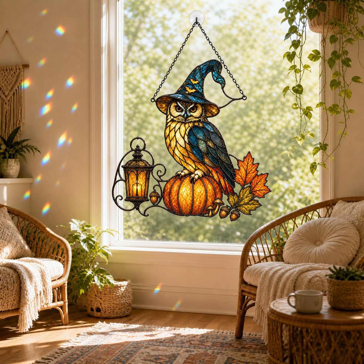 Witch Hat Owl on Pumpkin holographic acrylic suncatcher in natural daylight