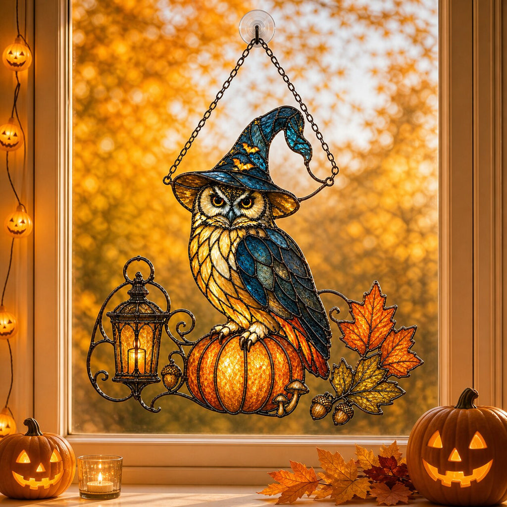 Witch Hat Owl on Pumpkin window hanging suncatcher with rainbow light reflections