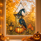 Witch Hat Owl on Pumpkin window hanging suncatcher with rainbow light reflections
