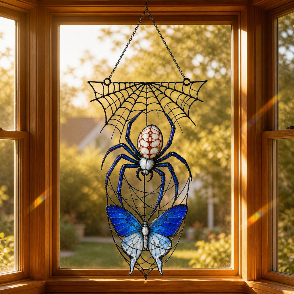 Blue Spider on Web suncatcher catching afternoon light in a home window