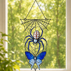 Close-up of the Blue Spider on Web holographic suncatcher showing its stained-glass style artwork