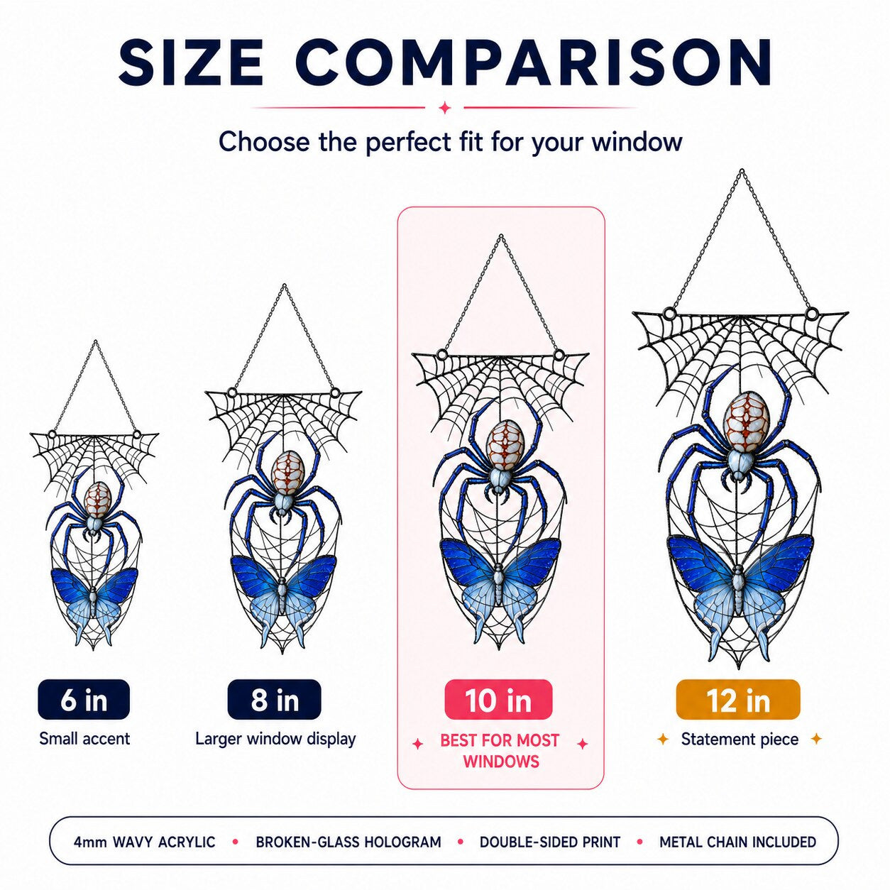 Size comparison chart for the Blue Spider on Web suncatcher: 6, 8, 10 and 12 inch options