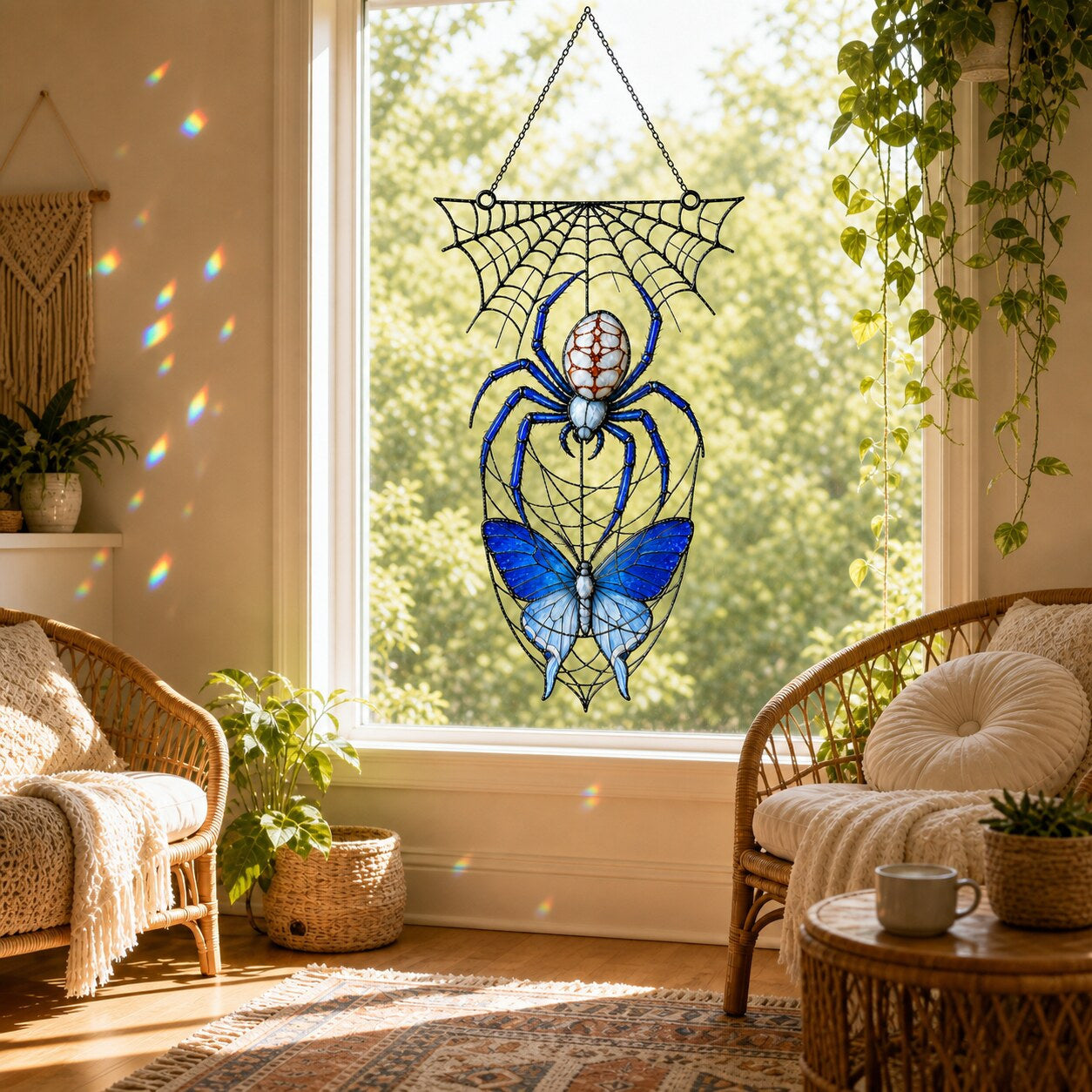 Blue Spider on Web suncatcher on its metal hanging chain in a bright window