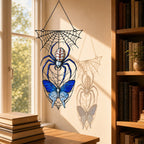 Blue Spider on Web holographic acrylic suncatcher styled in a cozy room