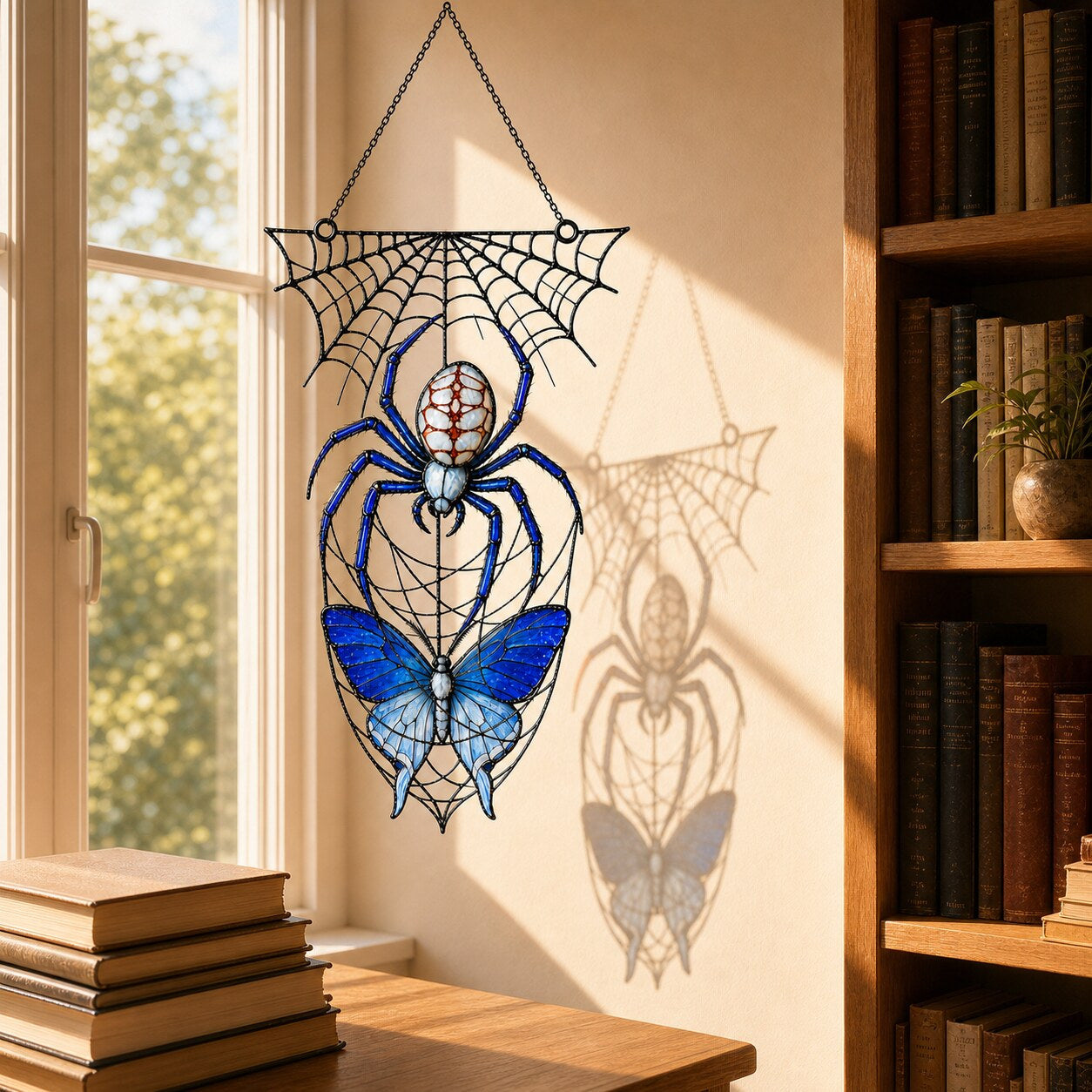 Blue Spider on Web holographic acrylic suncatcher styled in a cozy room