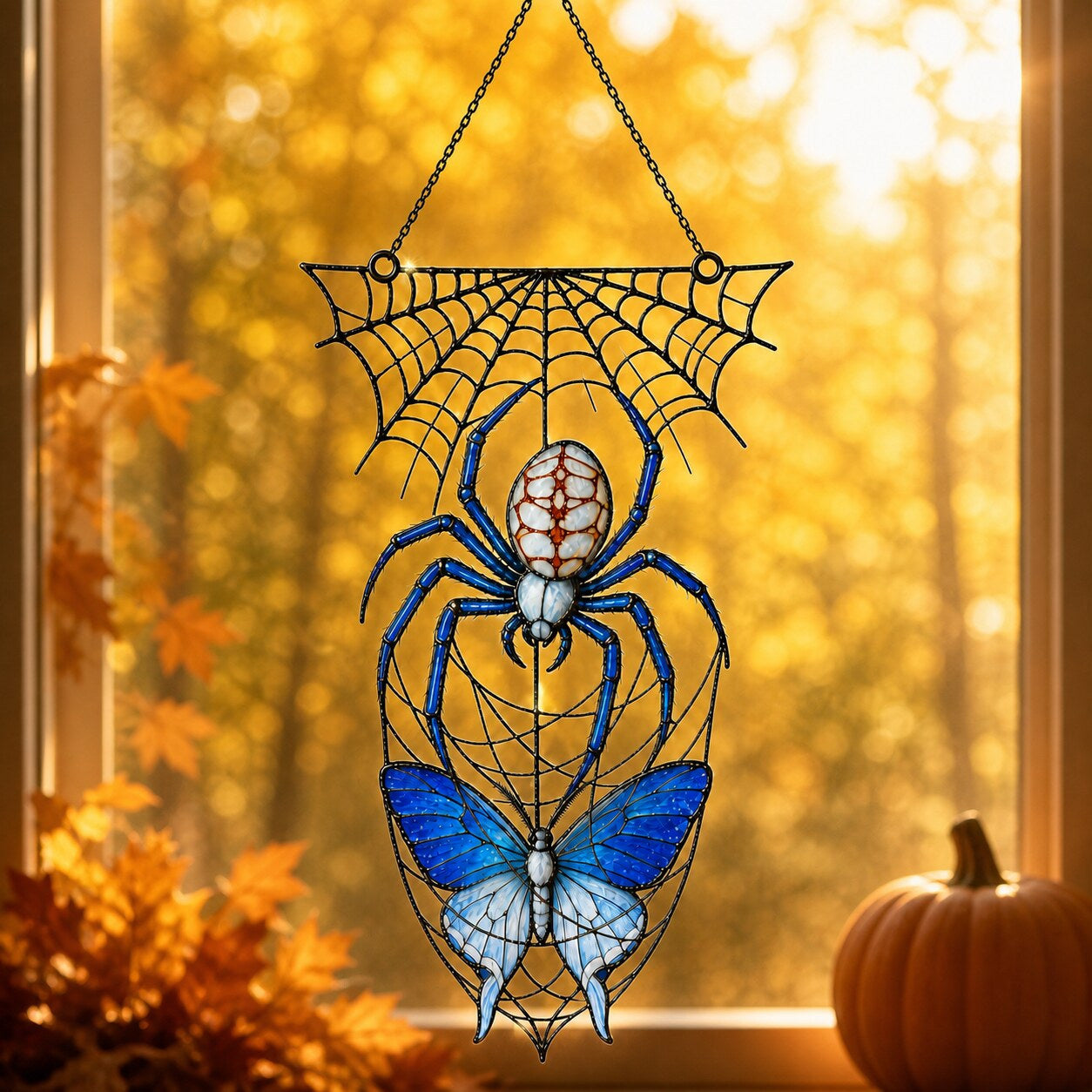 Blue Spider on Web holographic suncatcher hanging in a living room window