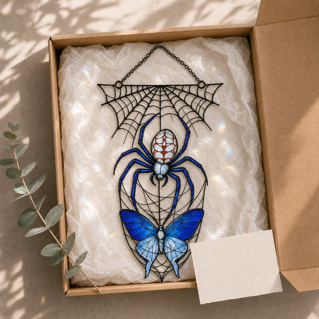 Blue Spider on Web holographic acrylic suncatcher in natural daylight