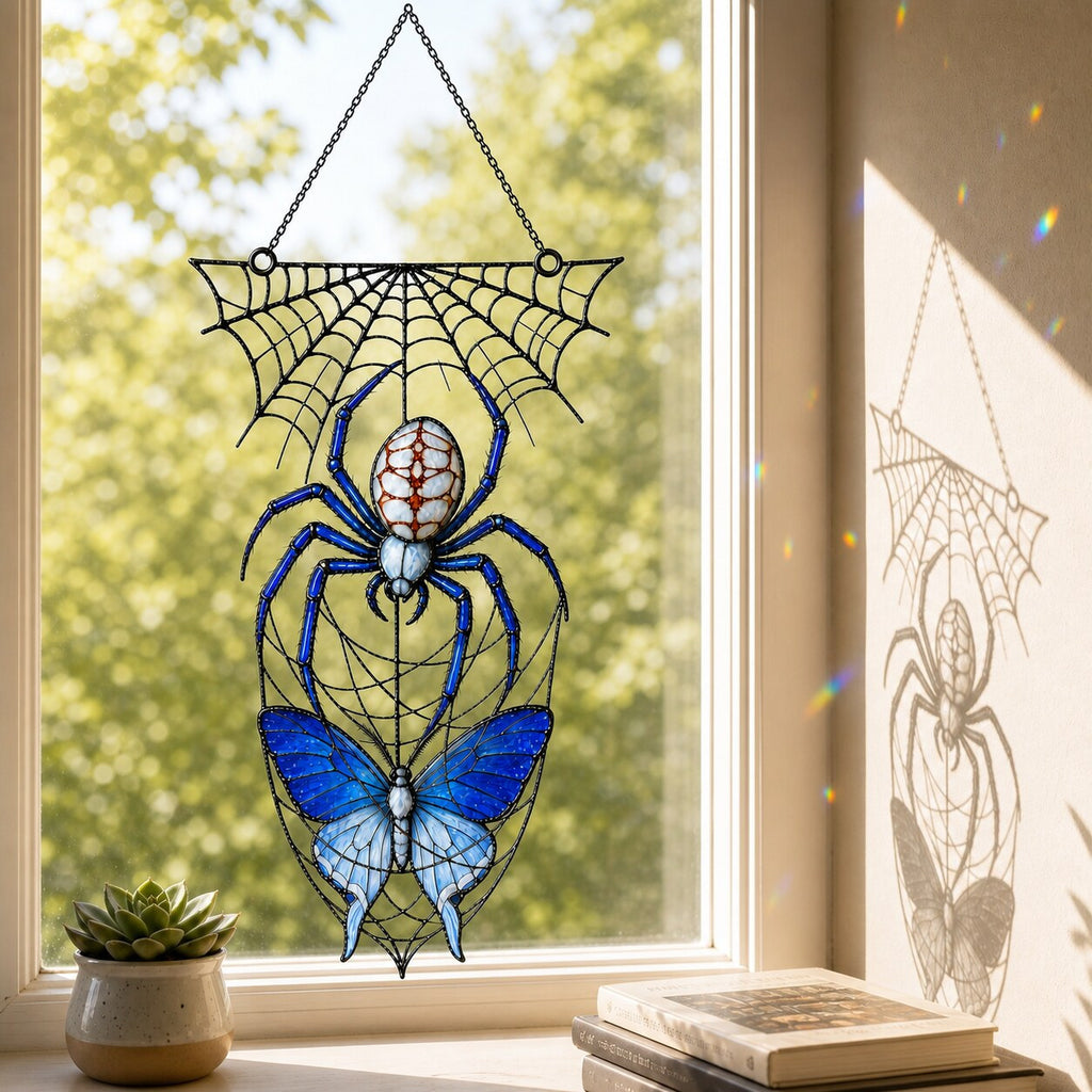 Blue Spider on Web window hanging suncatcher with rainbow light reflections