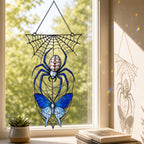 Blue Spider on Web window hanging suncatcher with rainbow light reflections