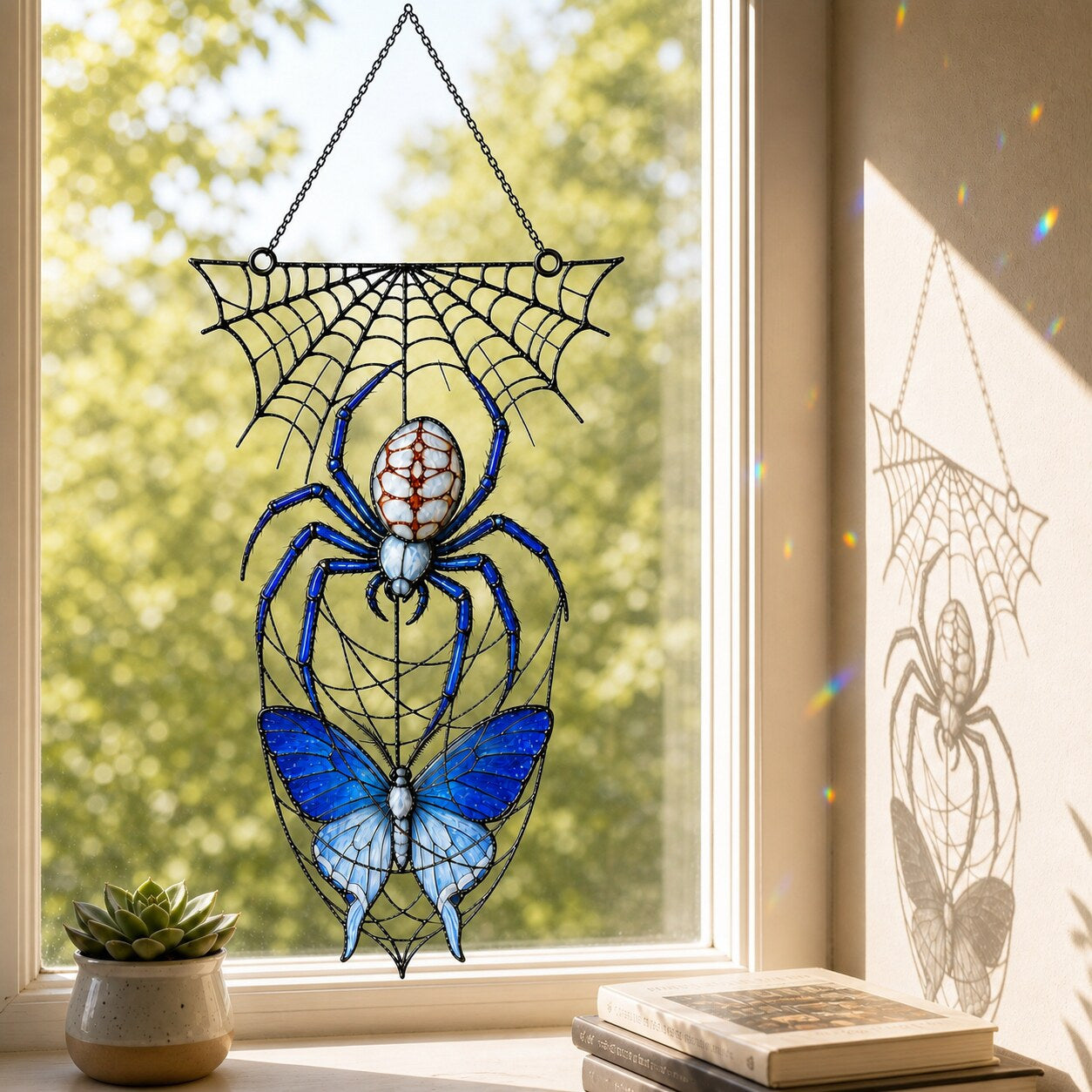 Blue Spider on Web window hanging suncatcher with rainbow light reflections