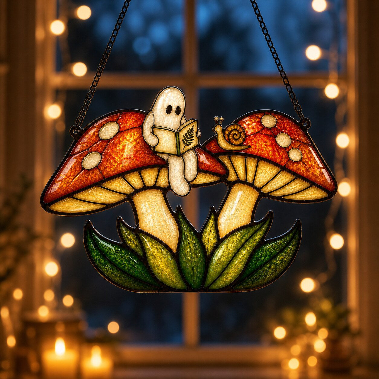 Two Ghosts on Red Mushrooms holographic acrylic suncatcher hanging in a sunlit window