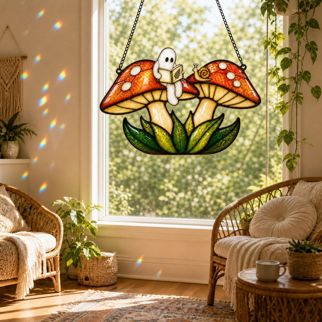 Two Ghosts on Red Mushrooms suncatcher catching afternoon light in a home window