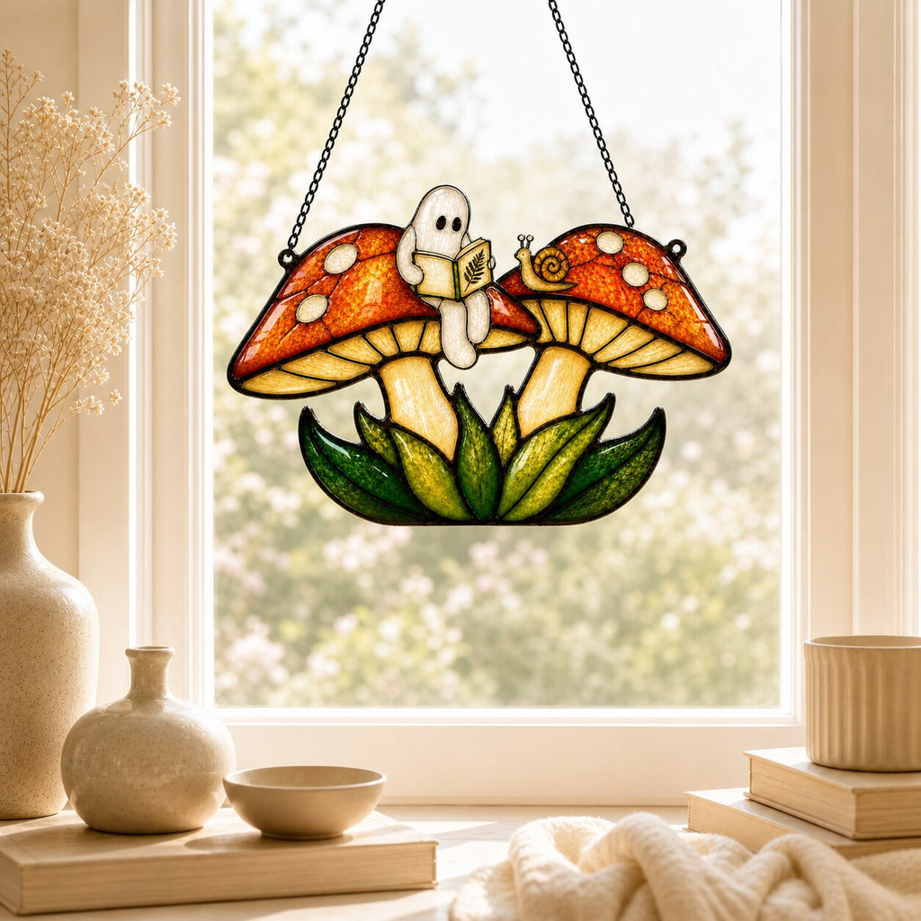 Close-up of the Two Ghosts on Red Mushrooms holographic suncatcher showing its stained-glass style artwork