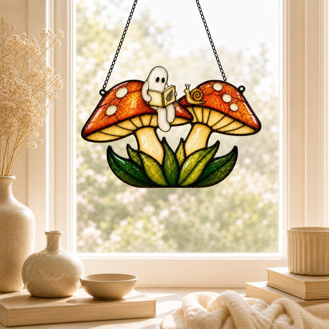 Close-up of the Two Ghosts on Red Mushrooms holographic suncatcher showing its stained-glass style artwork