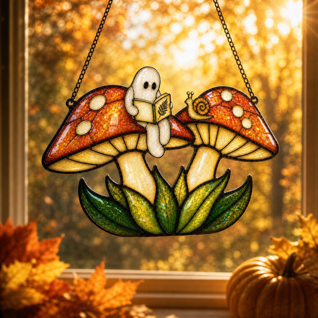 Two Ghosts on Red Mushrooms acrylic suncatcher hanging in a window with seasonal decor