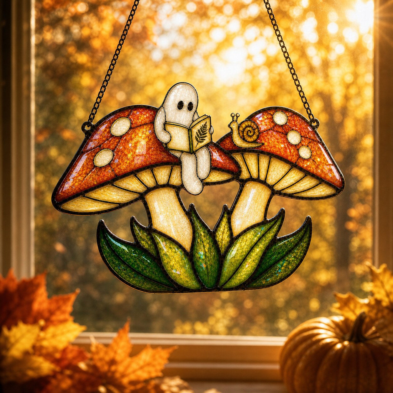 Two Ghosts on Red Mushrooms acrylic suncatcher hanging in a window with seasonal decor