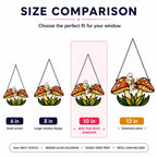 Size comparison chart for the Two Ghosts on Red Mushrooms suncatcher: 6, 8, 10 and 12 inch options