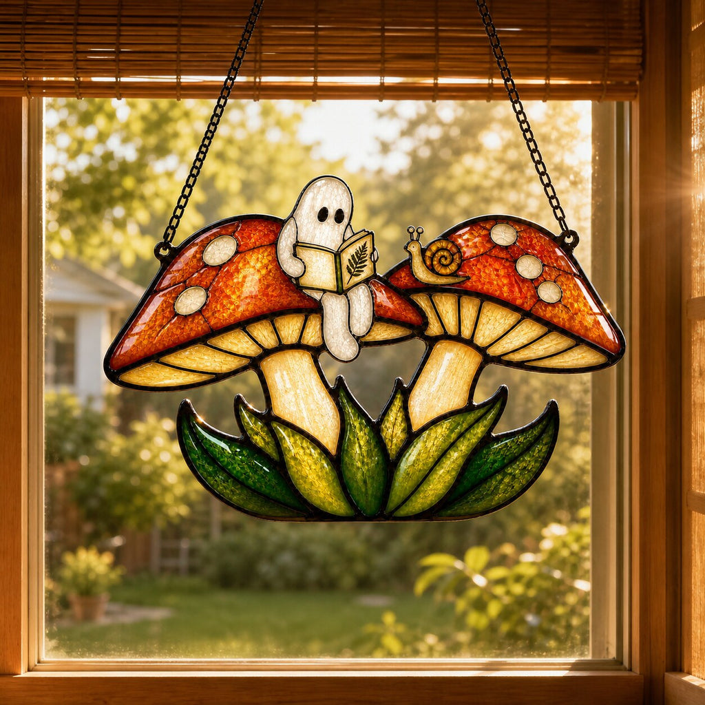 Two Ghosts on Red Mushrooms holographic suncatcher with sunlight passing through the acrylic
