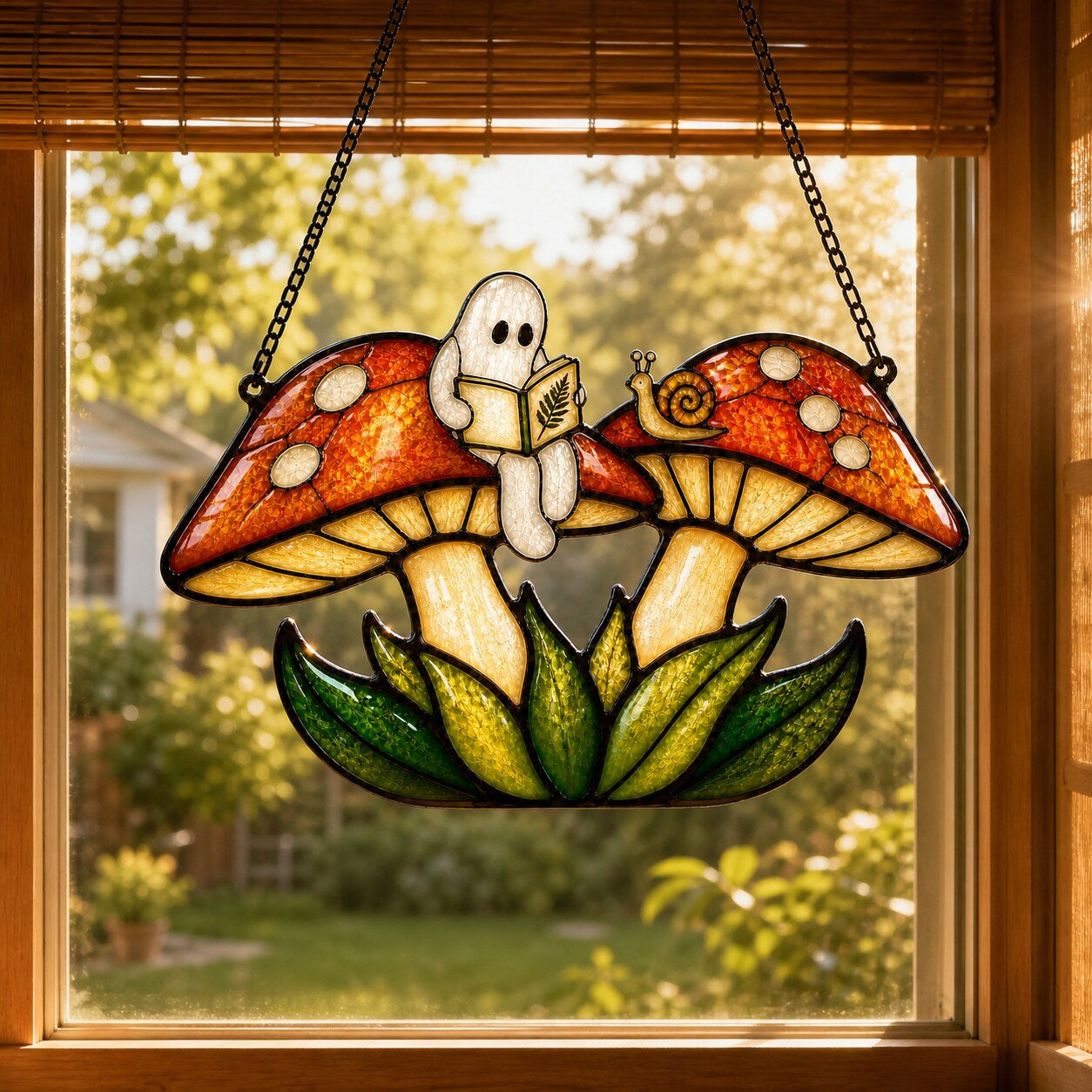 Two Ghosts on Red Mushrooms holographic suncatcher with sunlight passing through the acrylic