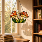 Two Ghosts on Red Mushrooms suncatcher on its metal hanging chain in a bright window