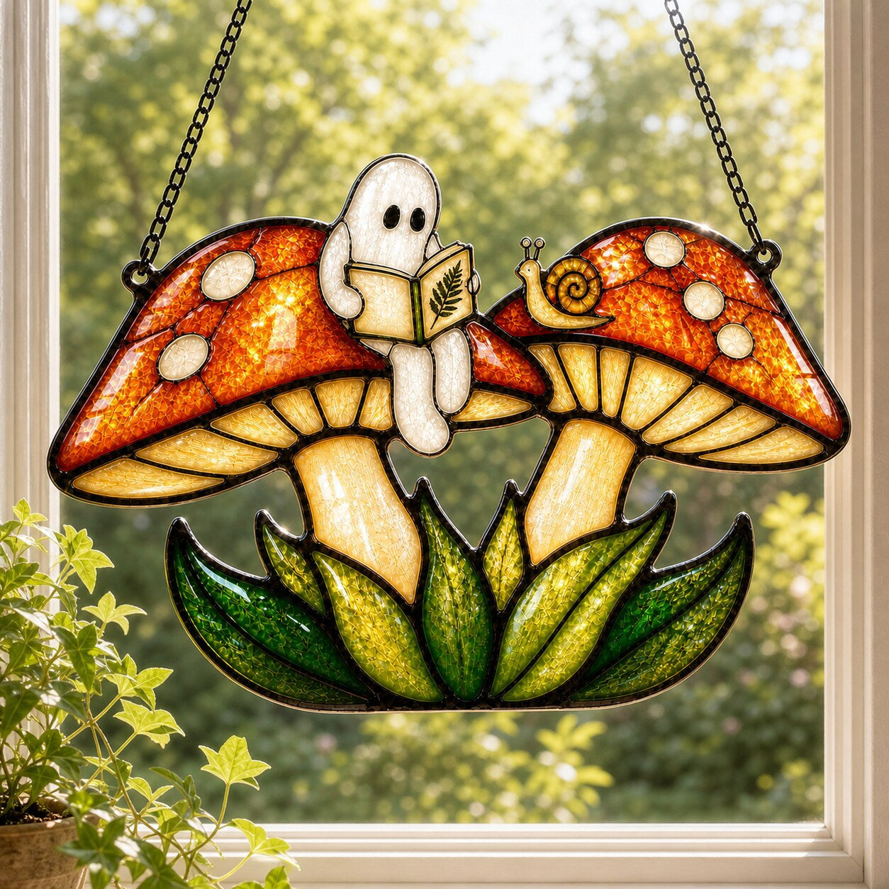 Two Ghosts on Red Mushrooms holographic acrylic suncatcher styled in a cozy room
