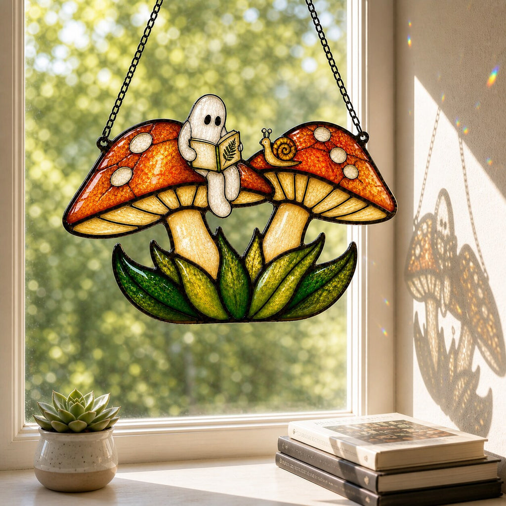 Two Ghosts on Red Mushrooms window suncatcher seen against a sunlit garden