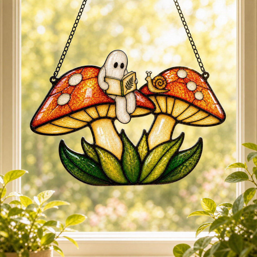 Two Ghosts on Red Mushrooms holographic suncatcher hanging in a living room window