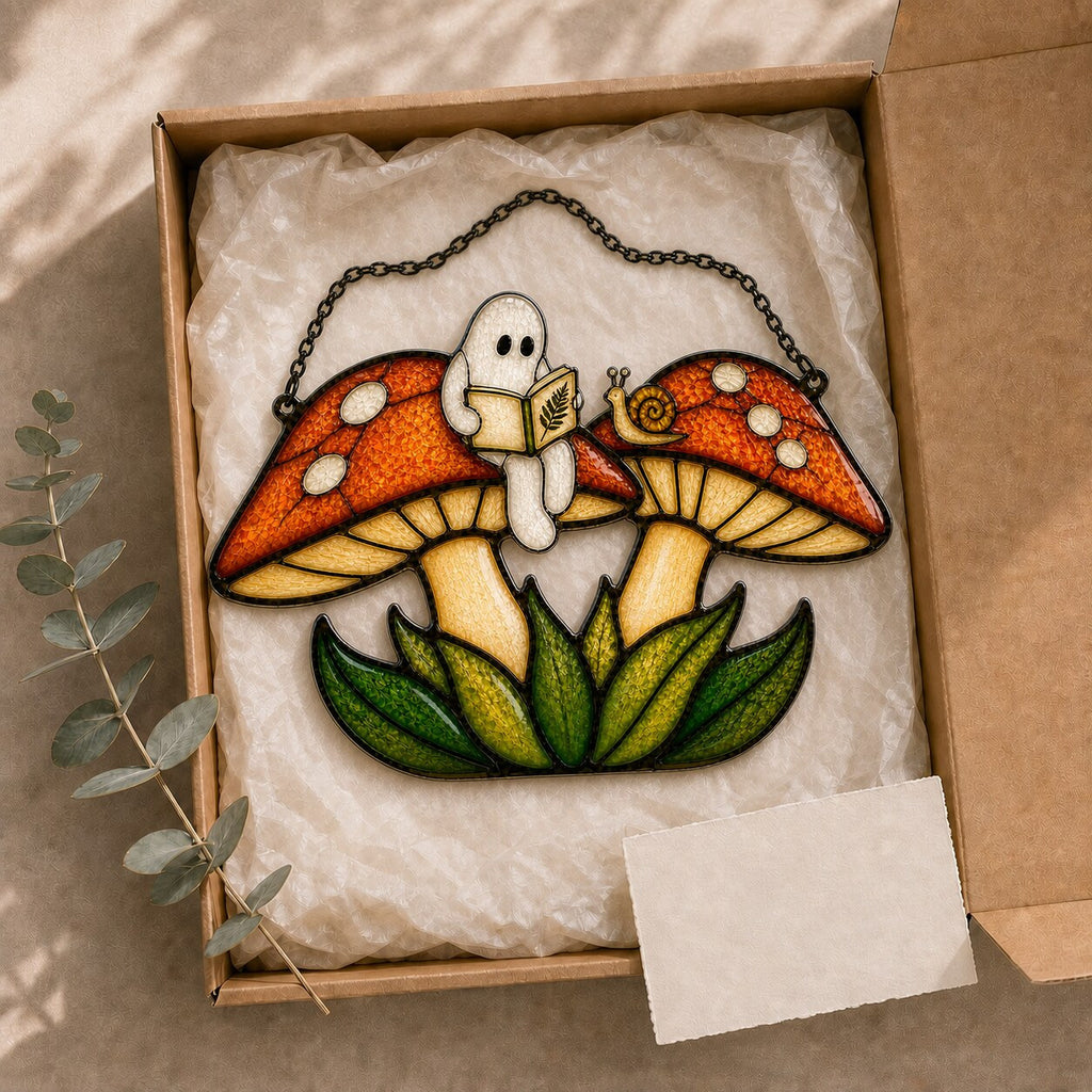 Two Ghosts on Red Mushrooms acrylic suncatcher in a warm, softly lit interior