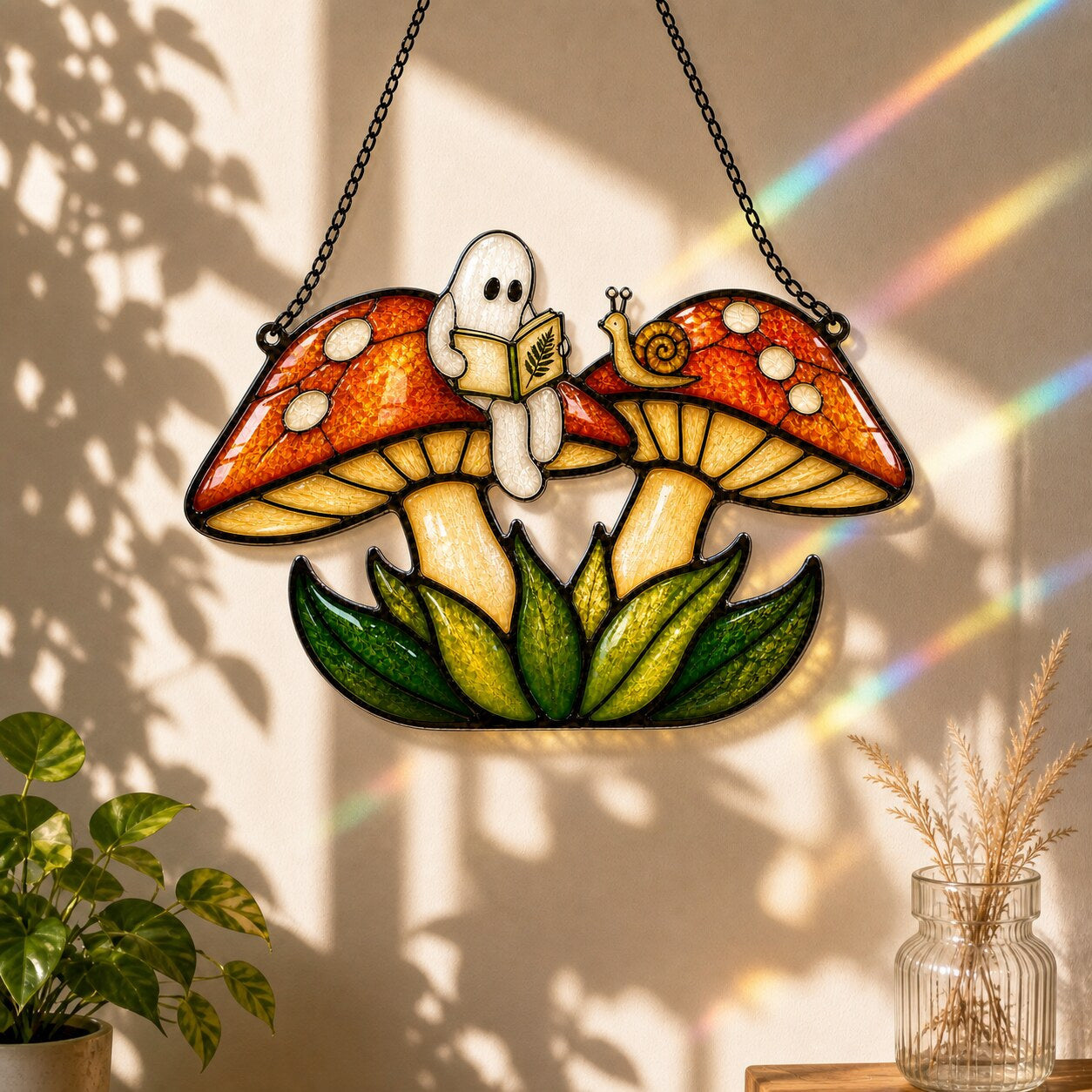 Two Ghosts on Red Mushrooms suncatcher displayed in a home window