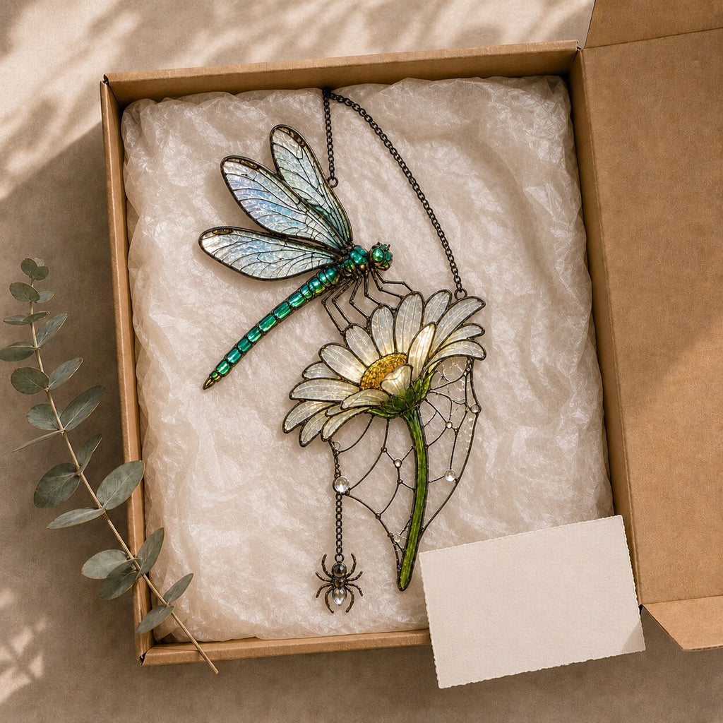 Dragonfly on Daisy holographic acrylic suncatcher hanging in a sunlit window