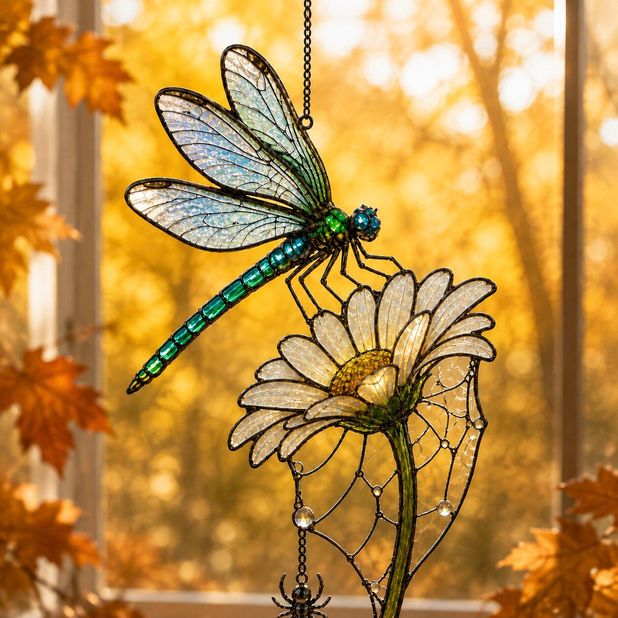 Dragonfly on Daisy suncatcher catching afternoon light in a home window