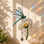 Close-up of the Dragonfly on Daisy holographic suncatcher showing its stained-glass style artwork