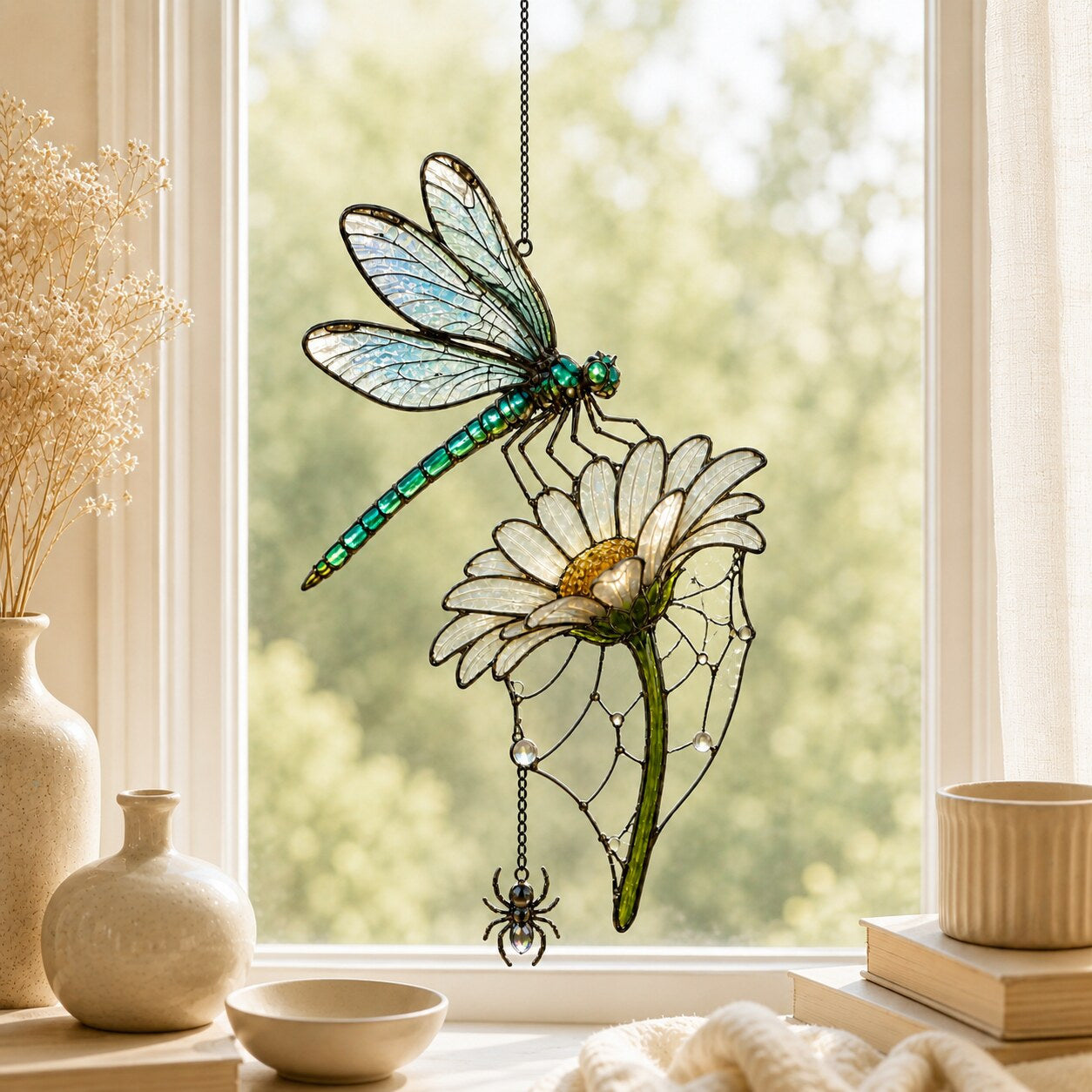 Dragonfly on Daisy acrylic suncatcher hanging in a window with seasonal decor