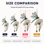 Size comparison chart for the Dragonfly on Daisy suncatcher: 6, 8, 10 and 12 inch options