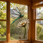 Dragonfly on Daisy holographic suncatcher with sunlight passing through the acrylic