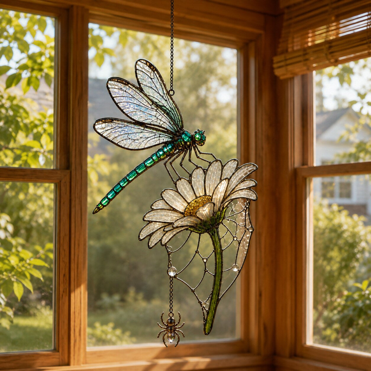 Dragonfly on Daisy holographic suncatcher with sunlight passing through the acrylic