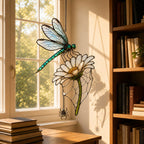 Dragonfly on Daisy suncatcher on its metal hanging chain in a bright window