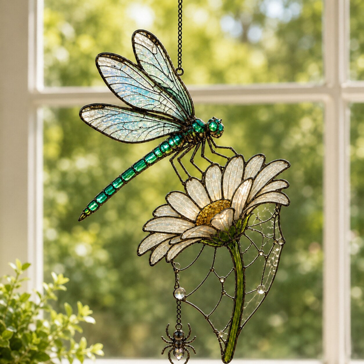 Dragonfly on Daisy holographic acrylic suncatcher styled in a cozy room