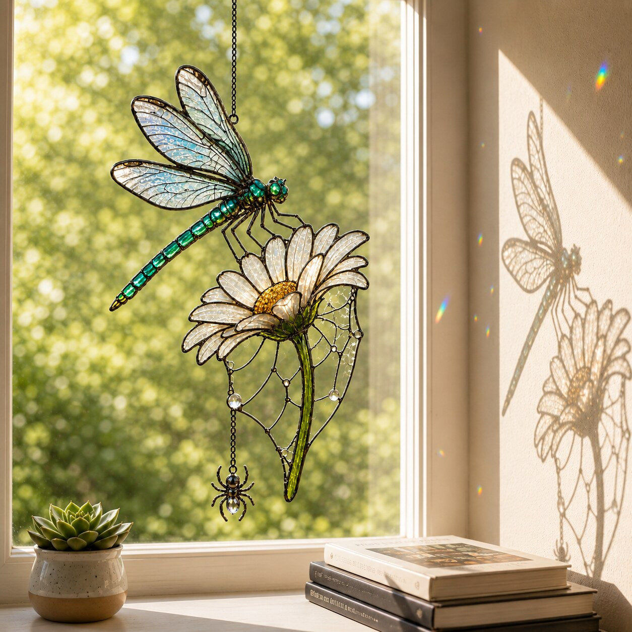 Dragonfly on Daisy window suncatcher seen against a sunlit garden