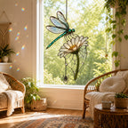 Dragonfly on Daisy holographic suncatcher hanging in a living room window