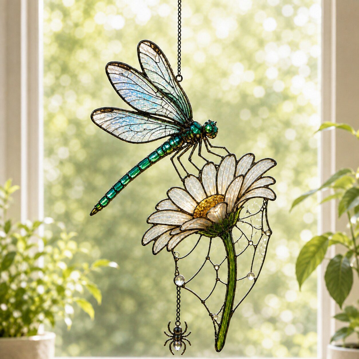 Dragonfly on Daisy acrylic suncatcher in a warm, softly lit interior