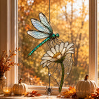 Dragonfly on Daisy holographic acrylic suncatcher in natural daylight